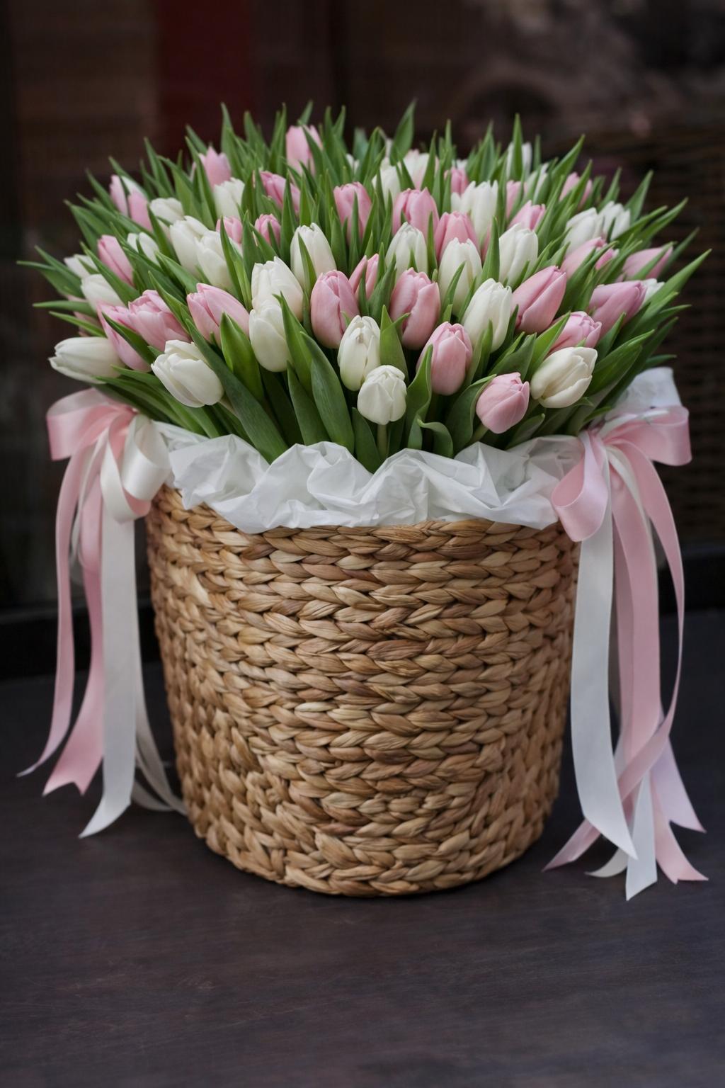 Pink & White Tulip Basket (150 stems)